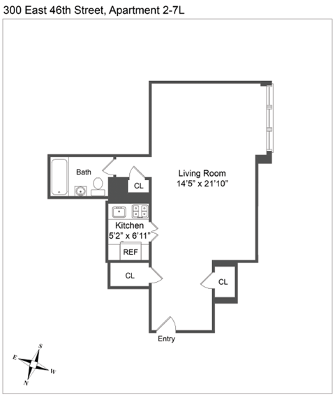 Floor plan for studio, 1 bath, 524 sqft